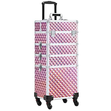 Abician Grande Valise de Maquillage 4 en 1 Mallette Maquillage Professionnelle Beauty Case pour Voyage 4 roulettes Cadre Aluminium Poignée Télescopique Serrures 34× 25,5 × 80,2 cm Rose pailleté