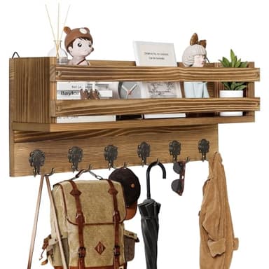 Bekrvio Porte-manteau en bois avec 6 crochets doubles et étagères, 58 cm, troncs naturels muraux avec étagère, porte-manteau mural pour entrée, chambre à coucher, rustique