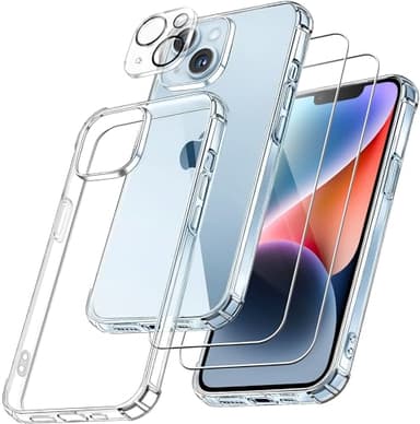 FLLAO 4 en 1 Coque pour iPhone 14 avec 2 Verre Trempé et 1 Caméra Protecteur, [Coussin d'air Intégré] Antichoc Antirayures Bumper Protection Housse pour iPhone 14 6.1", Transparent