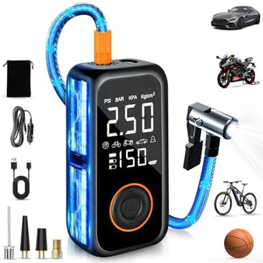 Gonfleur Pneus Voiture Sans Fil, 8000mAh Mini Compresseur à Air Portatif, 150PSI Pompe a Velo Electrique avec écran LCD numérique et lampe de poche LED,Gonfleur Pneu pour Vélo,Voiture,Moto,Ballons