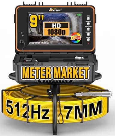 Anysun Caméra d’inspection avec Auto-nivellement, 50M Caméra Canalisation Émetteur 512Hz, 23mm 1080P HD Endoscope Canalisation IP68 Étanche, Écran IPS 9", Câble 7mm, DVR & Carte 32GB, Batterie 5100mAh