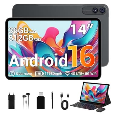 SADSYMB 2026 Tablette 14 Pouces avec Android 16, 36GB RAM+512GB ROM(TF1TB), Octa-Core, 4G LTE/5G WiFi, 2000 * 1200, WideVine L1, 11580mAh,13MP+8MP, BT 5.0/GPS/Face ID/Tab avec Clavier(Gris)