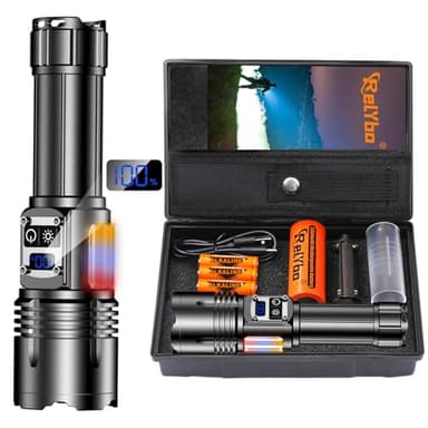 Relybo Lampe Torche Led Ultra Puissante, 1000000 Lumens Lampe De Poche Led Ultra Puissante, 9 Modes & Éclairage Latéral Cob, Lampe Torche Rechargeable Usb, Lampe Tactique Pour Camping Urgence