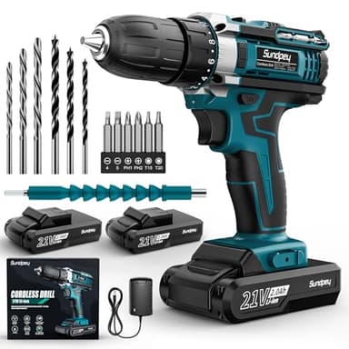 Sundpey Perceuse Visseuse Sans Fil 21V - Visseuse Devisseuse Sans Fil avec 2 Batteries, 45Nm Max, 2 Vitesses, 18+1 RéGlages De Couple, 19 Accessoires, pour Les Projets De Bricolage à La Maison, Bleu