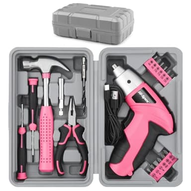 Hi-Spec Perceuse Visseuse Sans Fil 3.6V USB – Kit d’Outils Maison 19 Pièces Rose, Tournevis Électrique Rechargeable avec Coffret Compact boîte à outils compacte