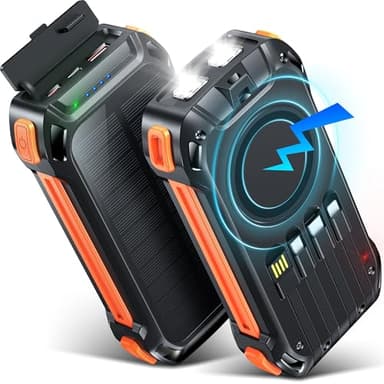 26800mAh Batterie Externe Solaire sans Fil avec 4 câbles intégrés, Charge Rapide 7 Sorties Chargeur Portable USB C 30W avec Lampe SOS, pour téléphones tablettes Camping (Orange)