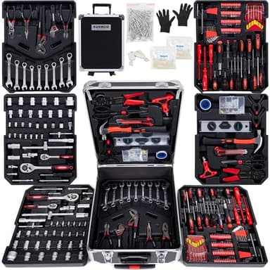 KANWOD Valise a outils 1500 pièces, Kit Bricolage pour Hobby et Travaux Domestiques, Mallette en Aluminium, Caisse a outils pour atelier, maison, Inclus clés à molette, marteau