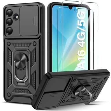 Guisessy Coque Compatible avec Samsung Galaxy A16 4G/5G avec 2 Verre Trempé, Support 360° Rotatif Militaire PC Dur Renforcée Armor Antichoc Bumper Housse Etui - Noir