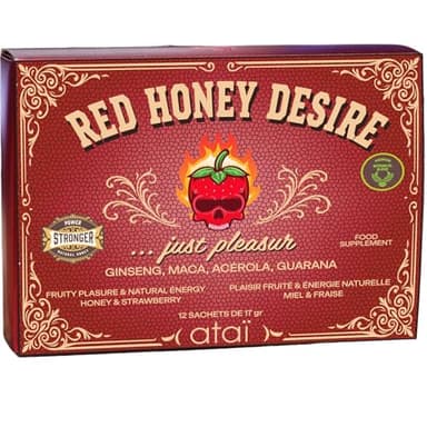 MIEL APHRODISIAQUE - TESTO HOMME - GOUT FRAISE - VIGEUR ENERGIE ET ENDURANCE - PUISSANCE ET VIRILITÉ - 12 STICKS DE 17 GR - ATAI "RED HONEY DESIRE"
