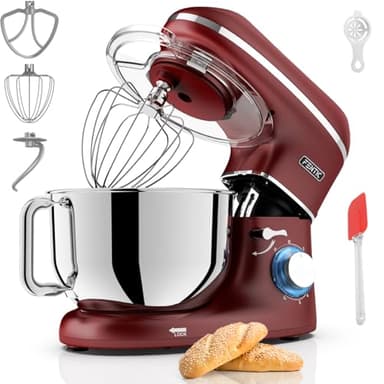 Fentic Robot Pâtissier – 2000W – Bol mélangeur en acier inoxydable (6,2L) – Avec fouet, Crochet pétrisseur et Batteur plat – Incl. et accessoires supplémentaires (Rouge)