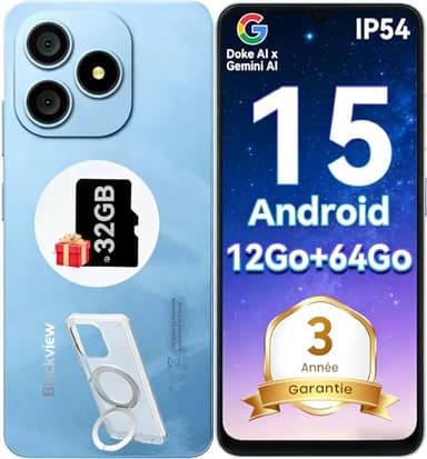 Blackview Wave 9C Telephone Portable Pas Cher avec Coque 360° Rotatif 12Go+64Go / 2To TF, 6,56" IP54 Android 15 Smartphone Débloqué 4G Dual SIM, 5000mAh 13MP Téléphone 4G, GPS,OTG, 2 Ans Garantie