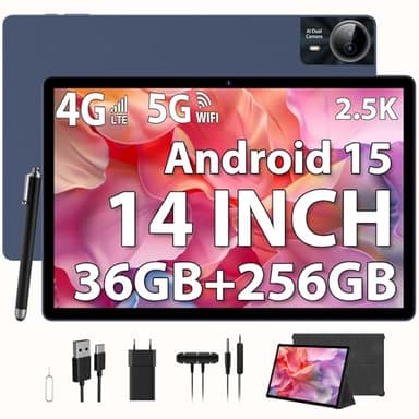 PIXGOOD 2.5K Android 15 Tablette 14 Pouces, 4G Lte/5G WiFi, INCELL 2240 x1400, 11580mAh, 36GB RAM+256GB ROM (Extension 2TB), Octa-Core, 13MP+8MP, Tablette Tactile avec étui/GPS/Bluet 5.0(Bleu)