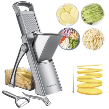 SupMaKin Mandoline de Cuisine Safety Slicer Manuelle Multifonction Tous Coupe Légumes Lame en acier inoxydable, Julienne, Cubes, Fcoupe Patate Frite carotte,Euroshopping (Gris)
