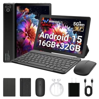 Laptok Android 15 Tablette 10 Pouces avec 32 Go ROM+1 to TF, 5000 mAh, WiFi 6, Bluetooth 5.4, Tablette Tactile avec étuis de Protection pour Souris, Clavier et Casque (Noir)