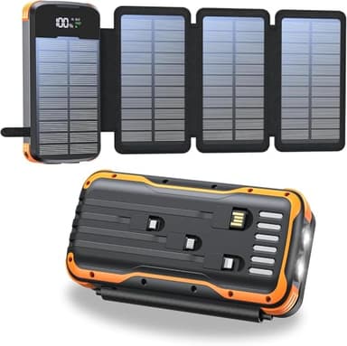 Solaire Power Bank 20000mAh, Chargeur Portable avec 4 Panneaux Solaire, 4 Câbles, Banque d'Énergie Solaire USB C avec Batterie Externe et 2 Lumières de Poche LED, pour Smartphones, Tablettes(Orange)