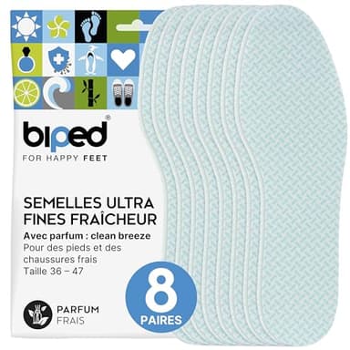 biped FRESH! 8 paires de semelles fraîcheur clean breeze - Semelles intérieures au parfum frais - Extra fines - Semelles contre les odeurs de pieds z1019(40-41)