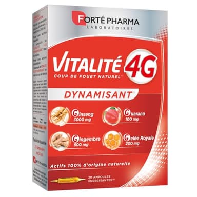 Forté Pharma - Vitalité 4G Dynamisant | Coup de fouet naturel | Complément Alimentaire Energie immédiate - Ginseng, Gingembre, Guarana et Gelée Royale | 20 ampoules = 20 jours