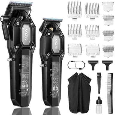 VGR Tondeuse Cheveux Hommes Professionnel Sans Fil, Kit Tondeuse à Cheveux Homme avec 10 Peigne de Limite, Rechargeable USB avec Écran LED, Noir