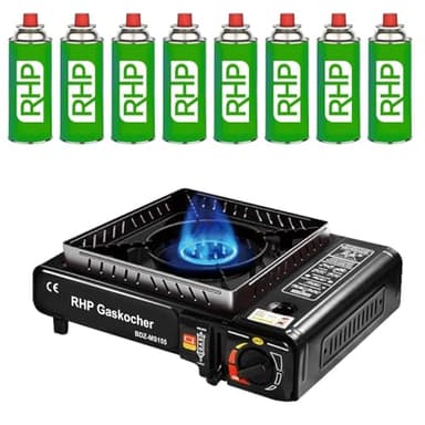 Réchaud à gaz d'extérieur RHP cuisinière de camping I cuisinière à gaz avec 8 cartouches de gaz à baïonnette - avec étui pratique - jusqu'à 30% de consommation de gaz en m