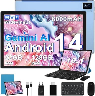 2026 Dernière Tablette Android, 10 Pouces, 22Go RAM + 128Go ROM(TF 2To), Avec 5G WiFi Octa-Core 2.0GHz, 8000mAh, GPS, Gemini AI tablette, Widevine L1, Tablette Tactile avec Clavier+Souris-Bleu