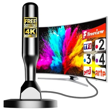 Antenne TV Intérieure Puissante 2026, Base Magnétique, Réception 360° Longue Portée, Accès aux Chaînes TNT Locales Gratuites, Compatible 4K 1080p Full HD HDTV, Câble 16.5ft