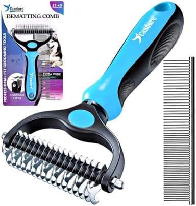 Candure Brosse Chien et Chat Professionnel Brosse Chien Poil Long Toilettage du Chien Râteau Dents à Double Face 17+9 Élimine Les Nœuds, Les Tapis et Les Cheveux Emmêlé (Azul)