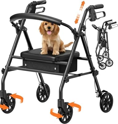 Luckfaith Rollator Déambulateur avec Siège et Rangement – Aide à la Marche Léger et Pliable à 4 Roues pour Seniors et Personnes Handicapées, Usage Intérieur & Extérieur, Noir