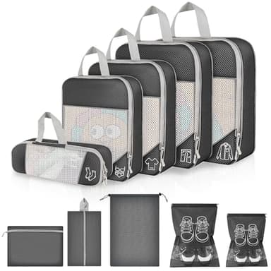 Organisateur Valise, Packing Cubes Compression Sac Rangement Valises, Organiseur de Voyage avec Compartiment Chaussures & Accessoires pour Valise Cabine (Noir 10 Pièces)