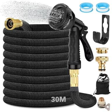 Tuyau Arrosage Extensible 30 m, Tuyau D'arrosage Flexible Avec Raccord en Laiton 3/4' et 1/2', Tête de Pulvérisation avec 8 Fonctions, avec Sac de Rangement, pour Jardin, Camping-Car