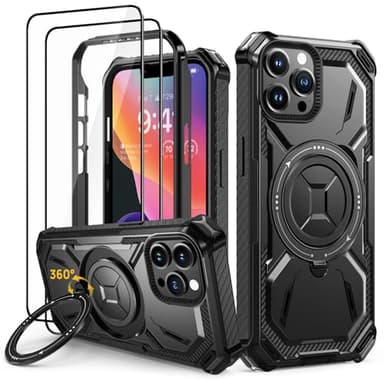 Lanhiem Coque pour iPhone 14 Pro Max avec 2 Verre Trempé, Antichoc Étui de Militaire Protection, Anneau Support Renforcée Armure Etui pour iPhone 14 Pro Max Housse, Noir