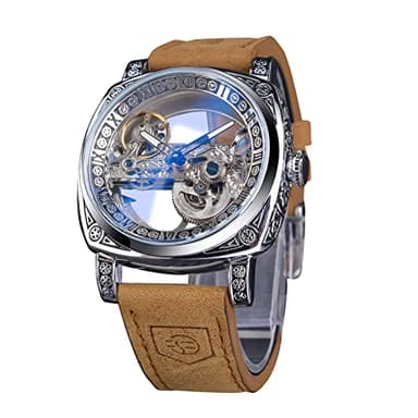 FORSINING Montre pour homme, tendance, classique, squelette carrée, cadran transparent, automatique, mécanique, bracelet en cuir, lumineux, étanche, Argenté., Sangle
