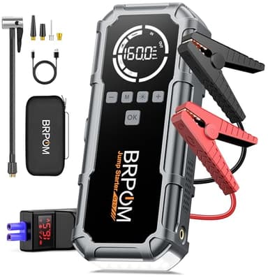 BRPOM Booster Batterie avec Compresseur, 8000A Démarreur Batterie Voiture, 160PSI Gonfleur de Pneus, 12V Jump Starter, Tout Gaz ou 10L Diesel, Écran LCD, Eclairage de Secours, Banque d'alimentation