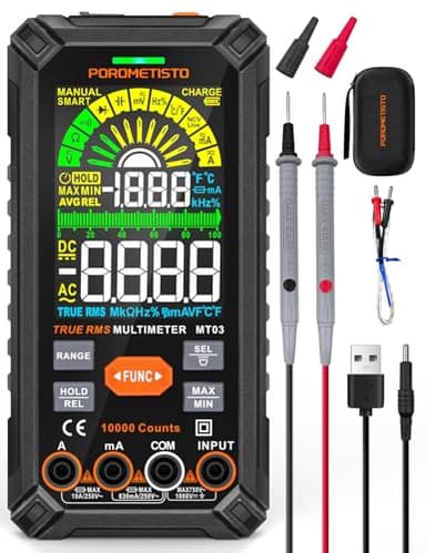Multimètre Numérique Professionnel POROMETISTO 10000 Comptes, Multimeter 750V CA/1000V CC Automatique Range Rechargeable, pour Tension Courant Résistance Capacité Diode TEM Continuité Fréquence etc.