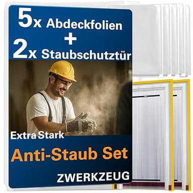Lot de 2 portes anti-poussière + 5 bâches de protection peinture ZWERKZEUG®, étanches et robustes (100 microns) avec fermeture éclair. Idéales pour limiter la poussière lors de rénovations