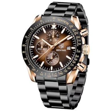 BENYAR Montre Homme Etanche Analogique Quartz Chronographe Lumineuses Date Grand Cadran Classique Mode Affaires Montres Bracelet en Acier Inoxydable Cadeau élégant pour Hommes