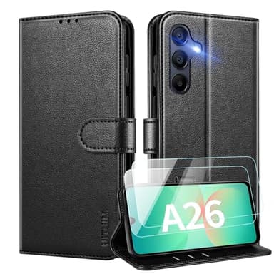 UITUIM Coque pour Samsung Galaxy A26 5G Coque Etui Portefeuille Cuir avec 2 Verre Trempé Protection Écran Porte Carte Rabat Clapet Flip Case Étui Cover Housse Etui pour Samsung Galaxy A26 5G,Noir