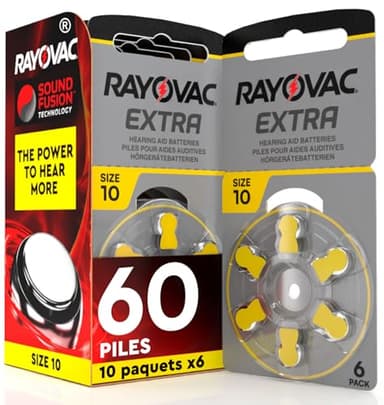 60 Piles pour Appareils Auditifs Rayovac Extra Size 10 Technologie Suond Fusion - 10 Plaquettes de 6 Piles