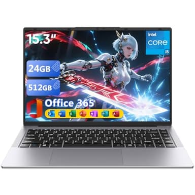 Brhona Ordinateur Portable15,3" Core i5 (Jusqu'à 3,6 GHz),Win 11 pro24 Go RAM/512 Go SSD, PC Portable, Écran 1920x1200 100% sRGB avec HDMI et USB-A, Autonomie Prolongée, Office Suite Inclus