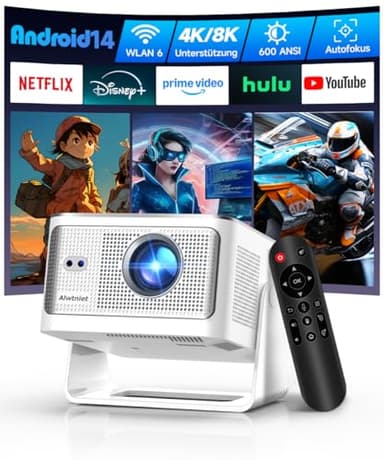 Alwtniet Vidéoprojecteur 4K 8K supporte [Native 1080P&App intégrée] Mini Projecteur Portable WiFi 6 Bluetooth 5.4 Android 14 Autofocus/Obstacle Avoidance/6D Keystone Ultra Courte Focale Rotation 180°