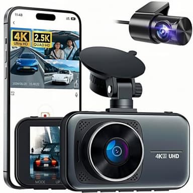 Dashcam 4K avec Batterie Intégrée, Dashcam Auto sans Fil avec Parküberwachung 24h avec Carte 64 Go, Caméra Voiture Avant & Arrière, Grand Angle, Vision Nocturne, Boucle d’Enregistrement