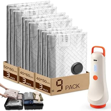 Sac de Rangement Sous Vide Vetement Voyage avec Pompeà vide sans fil, Lot de 9 Sac Compression Vacuum Storage Bags(3* 40x50/3* 40x60/3* 50x60cm) Housse Aspirable Poche pour Maison et Bagages Travel