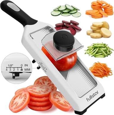 Fullstar Mandoline de Cuisine avec Coupe-Julienne - 4 Réglages d’Épaisseur - Trancheur de Légumes pour Concombres Carottes Pommes de Terre et Fruits - Accessoire de Cuisine (À Main 2-en-1, Blanc)
