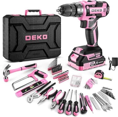 DEKO Caisse à Outils Complète avec Perceuse Visseuse Sans Fil avec Batterie de 20 V, Mallette de 186 Pièces Rose, Boîte Professionnelle d'Outils Domestiques de Bricolage pour Bureaux et Jardin