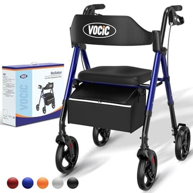 VOCIC deambulateur 4 roues pliable leger,Rollator en aluminium léger avec siège,Pour tous les terrains, Siège réglable en hauteur,Se range facilement dans le coffre,Bleu Saphir | Garantie de 5 ans