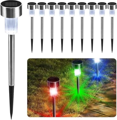 CUQOO Lot de 10 lampes solaires de jardin à LED à changement de couleur en acier inoxydable résistant aux intempéries pour éclairage extérieur et allée – Rechargeable avec activation nocturne