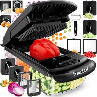 Fullstar Coupe Legumes Multifonction et Spiraliseur - Découpe en Cube - Hachoir Manuel pour Oignons Carottes Concombres Tomates Frites Pommes de Terre - Cuisine Accessoires (PRO 9-en-1, Noir)