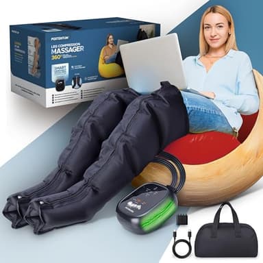 PORTENTUM Bottes pressothérapie jambes avec chaleur et vibration réglables – 5 intensités – Télécommande – Favorise le drainage lymphatique jambes – Soulage les jambes fatiguées – Sac de transport