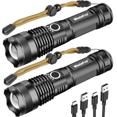 Lampe Torche LED USB Rechargeables Ultra Puissante 90000 Lumens, XHP70 Zoomable Étanche Puissantes Lampes de Poche 5 Modes pour Éclairage D'urgence Extérieur avec Indicateur D'alimentation, Lot de 2