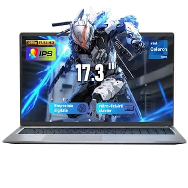 Ordinateur Portable 17,3 Pouces, 16Go RAM 512Go SSD Celeron N5095 Grande Autonomie Écran IPS 180°, PC Portable Déverrouillage Empreinte Digitale, Laptop Type C USB3.0 HDMI BT Pour Bureau Études