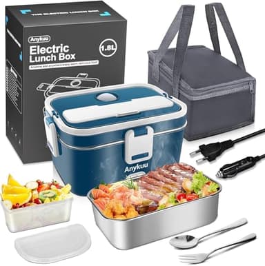 100W Gamelle Chauffante Electrique 1.8 L Chauffage Rapide 12V/24V, 220V/240V, Lunch Box Chauffante Electrique pour la Maison et la Voiture Facile à Nettoyer,Avec sac Isolant à Température Constante